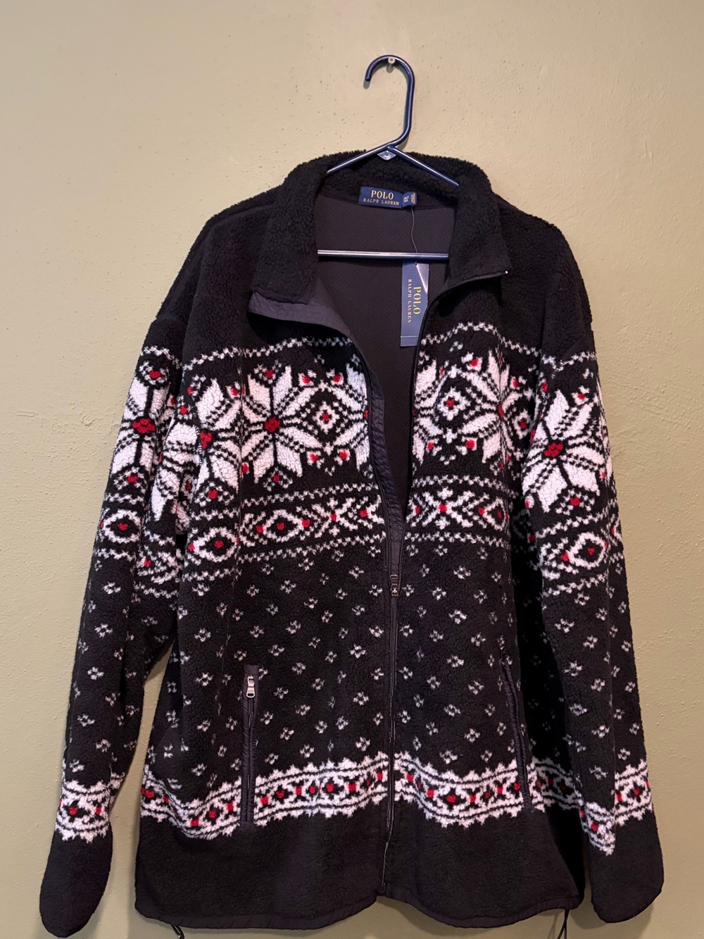 Mens Polo by Ralph Lauren Black Zip-Up Cardigan with White & Red Accents